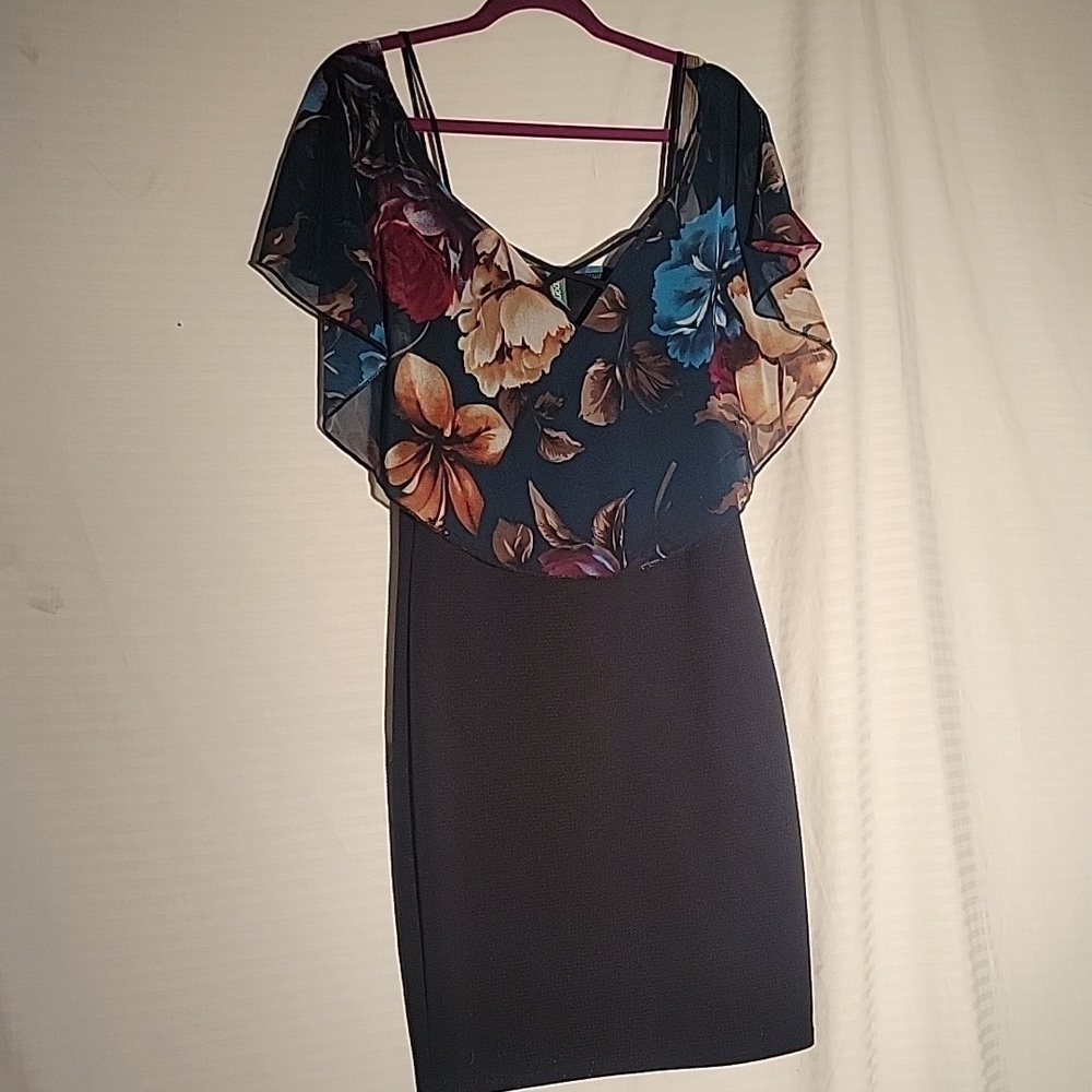 Ipona Collection Women's Black fitted Dress with Sheer Floral Top